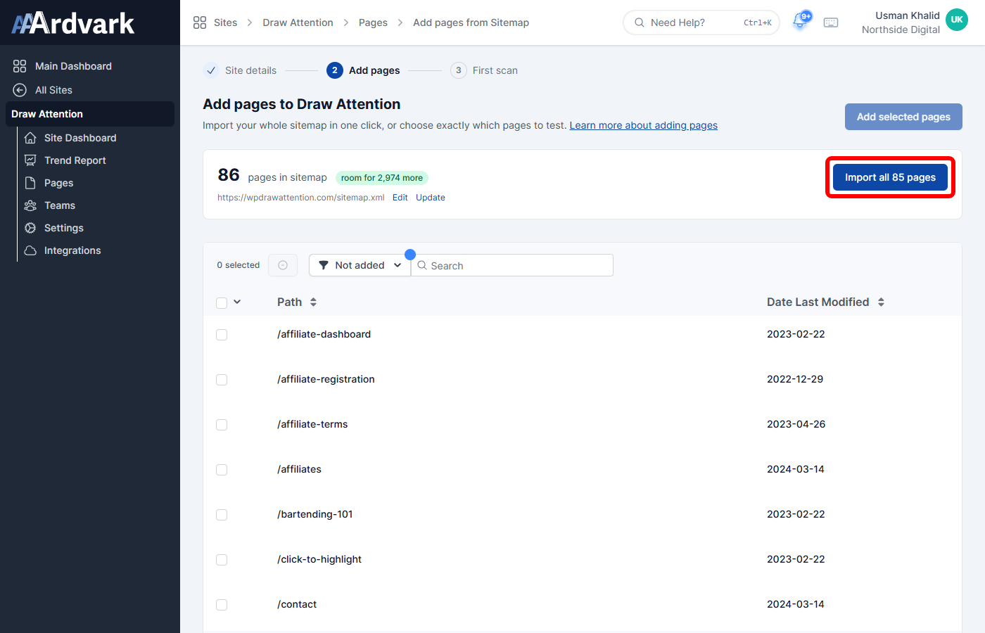 Add pages step for Draw Attention, with a sitemap automatically found and the Import all pages button marked.