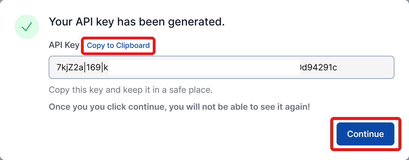 The API key pop-up, with the Copy to Clipboard link and the Continue button highlighted.