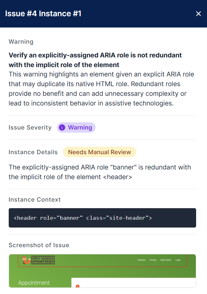 The Issue details panel for a best practice warning about a redundant ARIA role, marked as Needs Manual Review.
