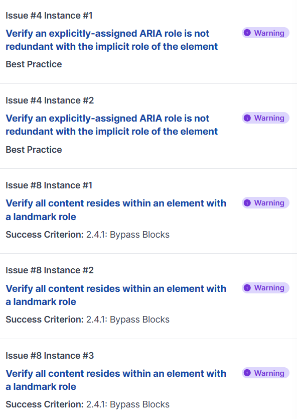 A list of issue instances with Warning severity. Best practice issues are labeled Best Practice, while WCAG issues show their Success Criterion.