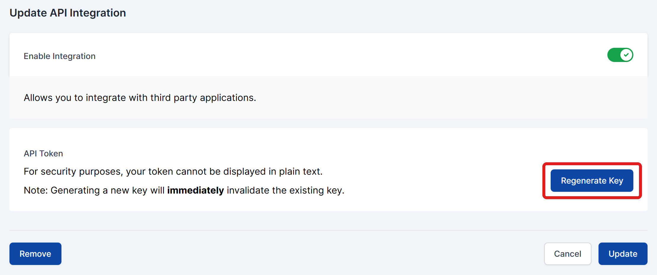 The Update API Integration screen, with the Regenerate Key button highlighted in the API Token section.