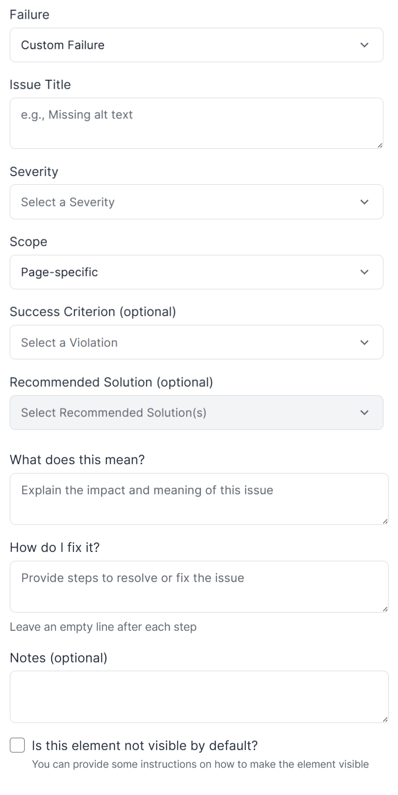 The screenshot displays the Custom Failure issue type selected with all the fields required to be filled in order to submit it, including the Scope field.