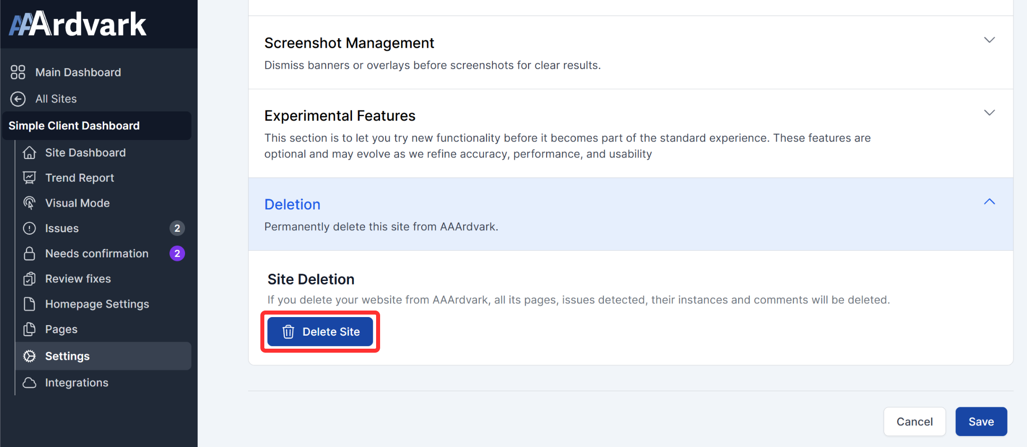 Site Settings with the Deletion section expanded and the Delete Site button highlighted.