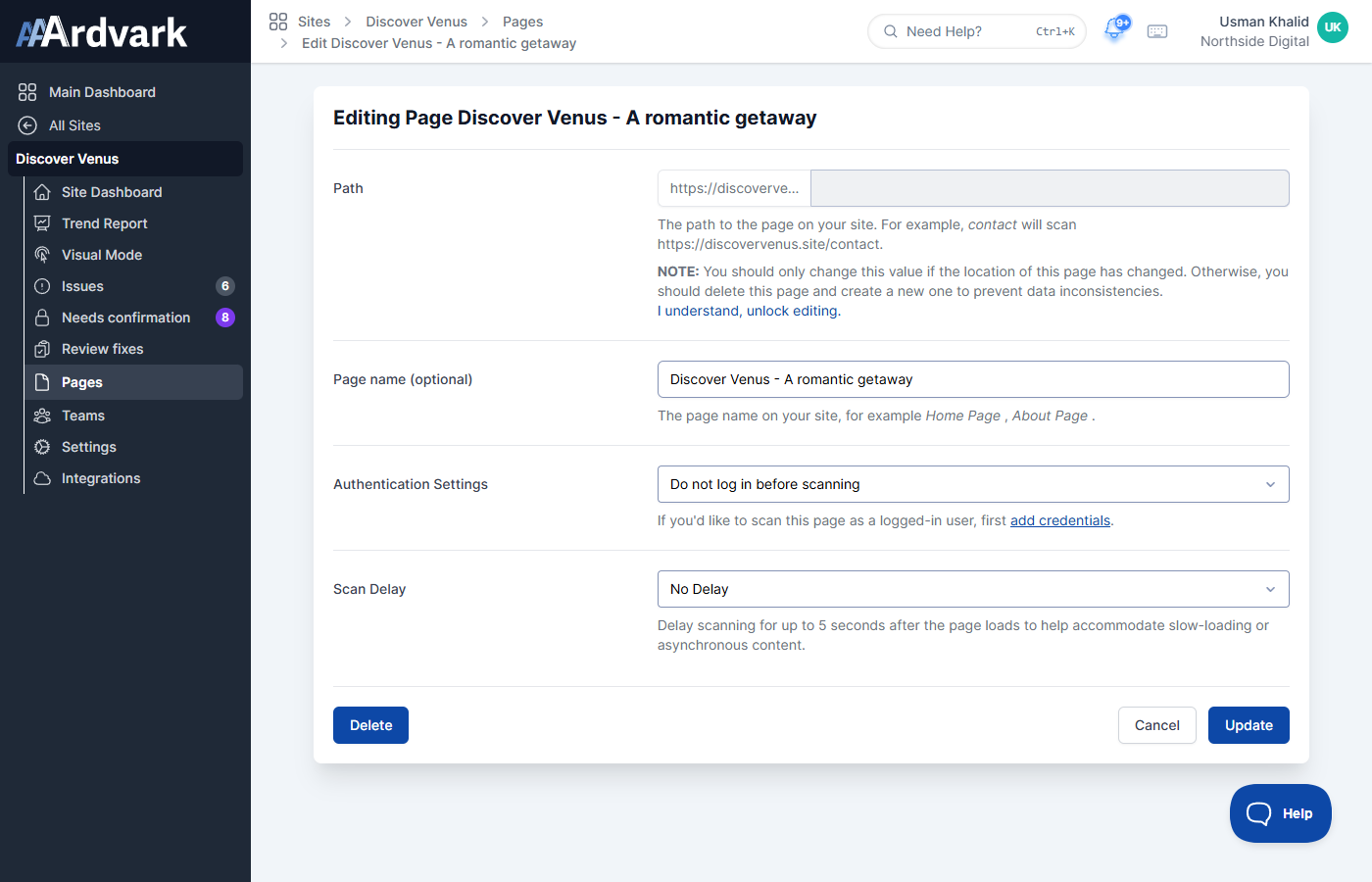 Edit Page screen with the Page name (optional) field, Path field, and Update button.