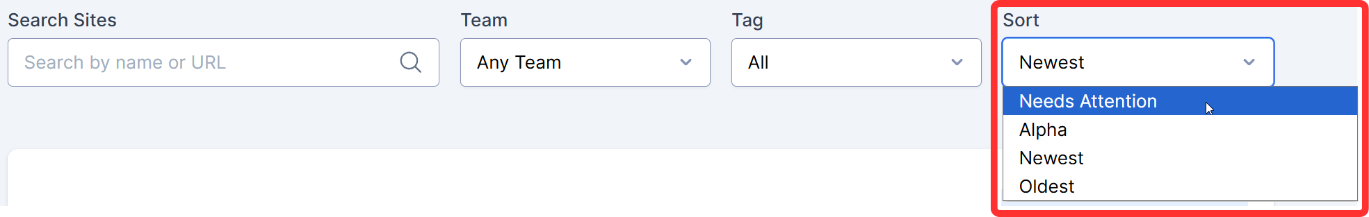 The Sort control open, showing the Needs Attention, Alpha, Newest, and Oldest options.