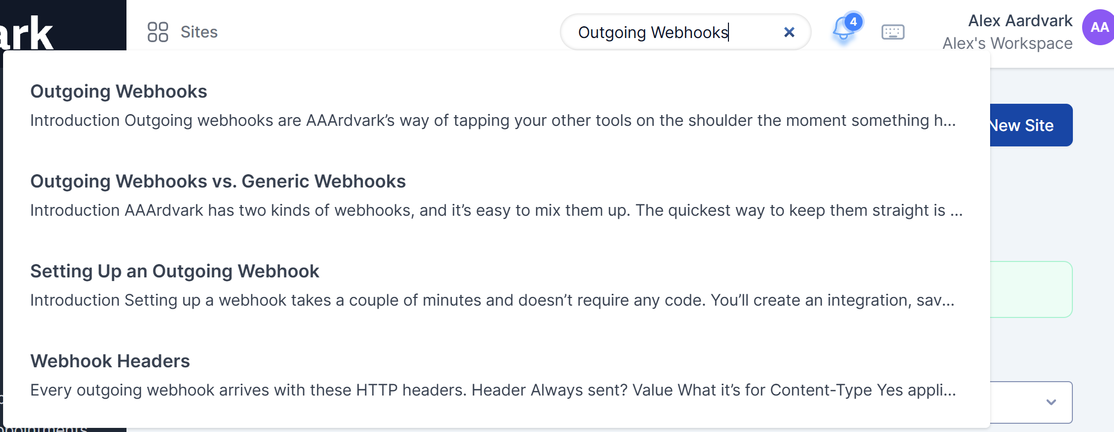 Typing in the help search bar surfaces matching help center guides in a dropdown.