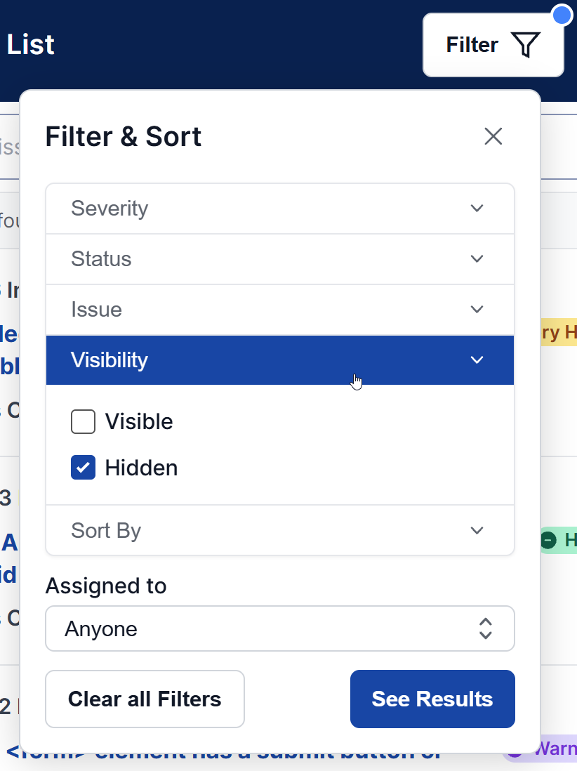 Filter & Sort panel with the Visibility section expanded, showing Hidden checked and Visible unchecked.