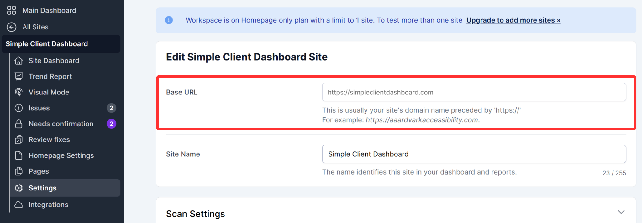 Edit Site screen on a Homepage Only plan workspace, with the Base URL field highlighted and no Unlock Editing button.