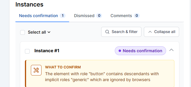 An instance in the Needs confirmation tab, tagged with the purple "Needs confirmation" status.
