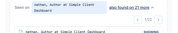 The "Seen on" row with "also found on 21 more" expanded, showing the "‹ 1/22 ›" page stepper.