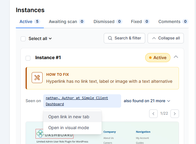 Clicking the "Seen on" link opens Open link in new tab / Open in visual mode options.