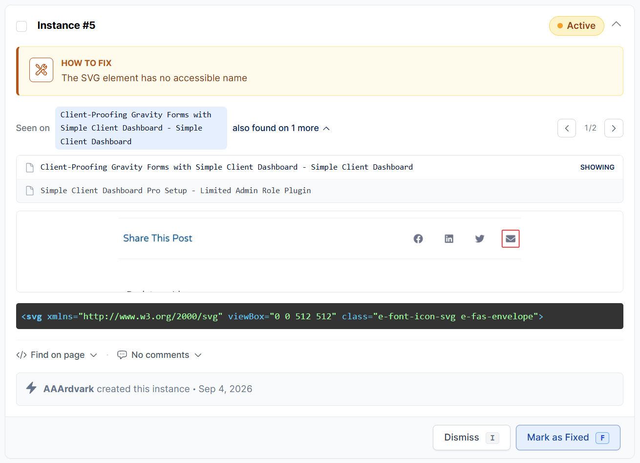 The "also found on N more" dropdown expanded, listing every other page this instance appears on.
