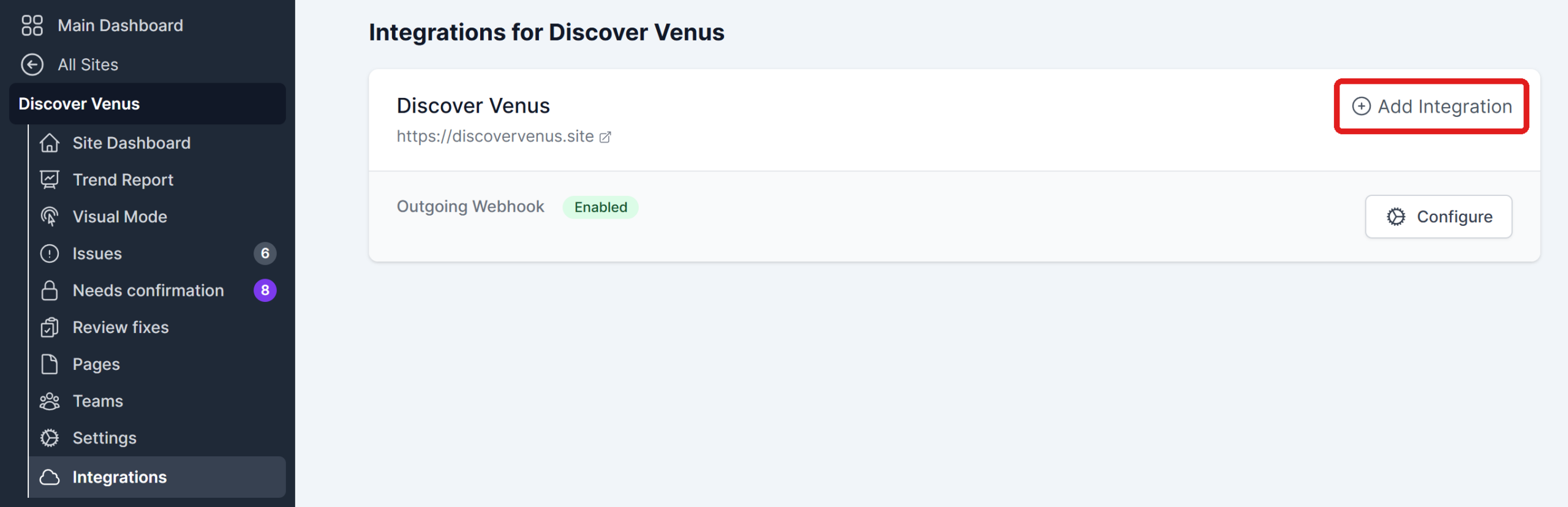 The Integrations page for a site, with the Add Integration link highlighted.