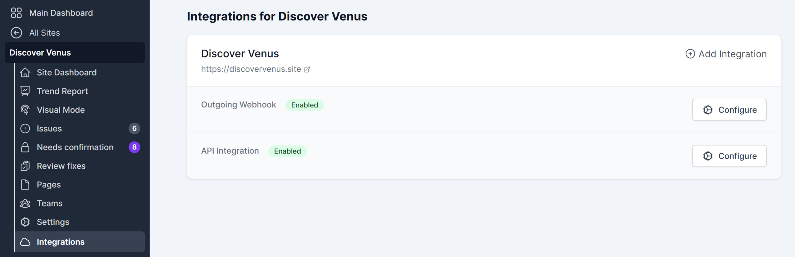 The Integrations page listing API Integration with an Enabled badge and a Configure button.