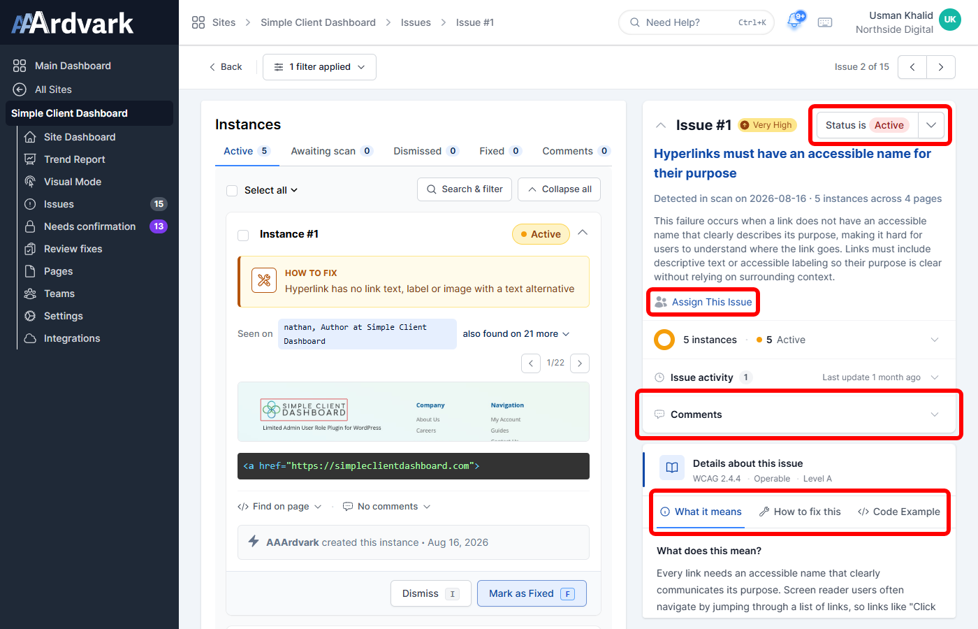 The Issue Detail Page showing instance details, with the status control, Assign This Issue button, Comments section, and the WCAG documentation tabs marked.