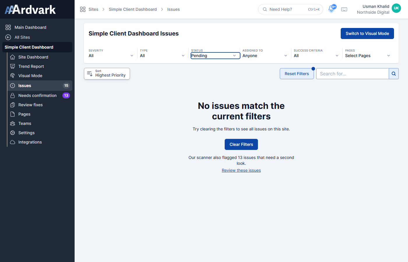 The Issues tab showing "No issues match the current filters," with a hint that 13 issues are also waiting for confirmation and a link to review them.