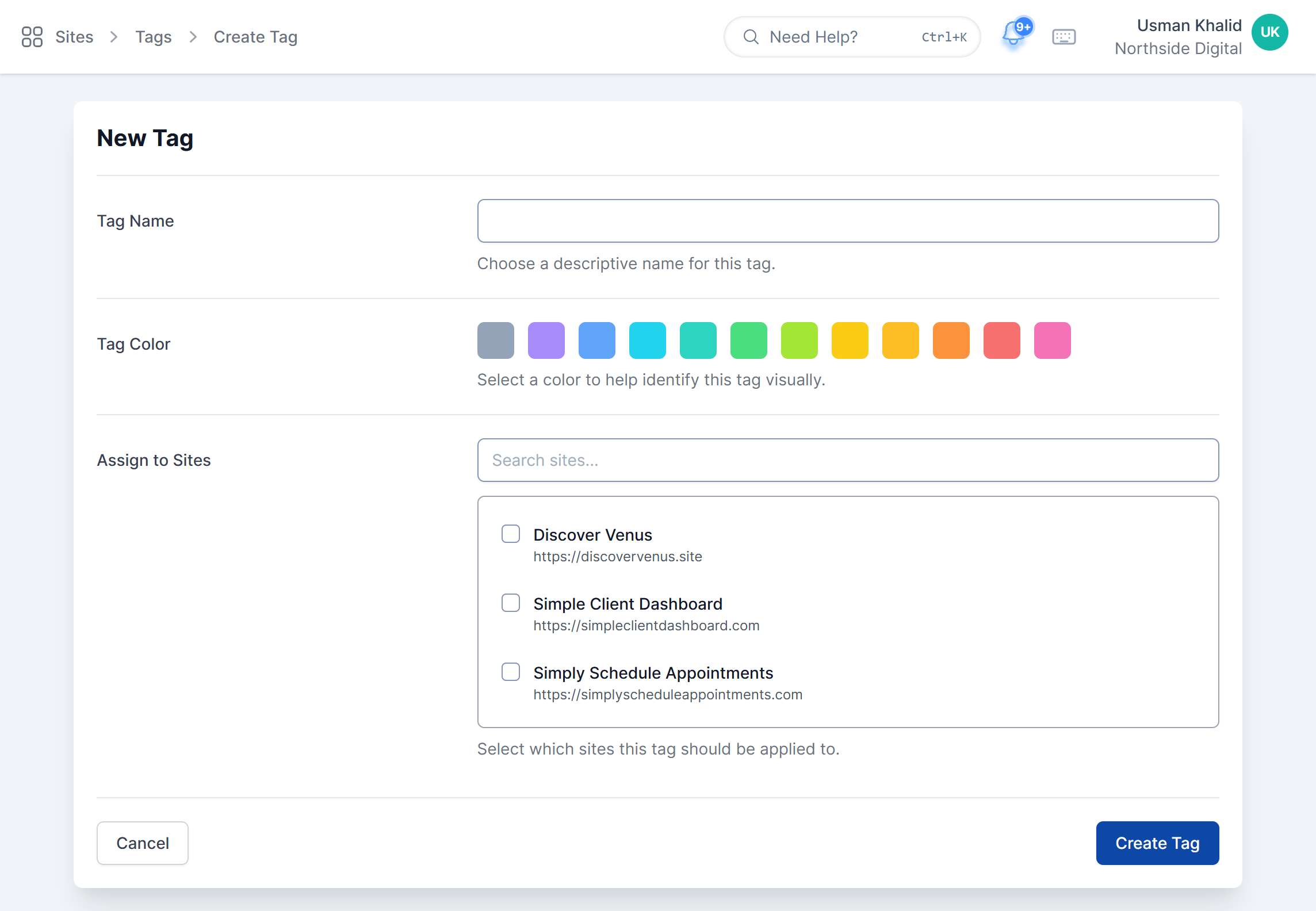 New Tag form with an empty Tag Name field, Tag Color swatches, and an Assign to Sites list of three sites, with Cancel and Create Tag buttons.