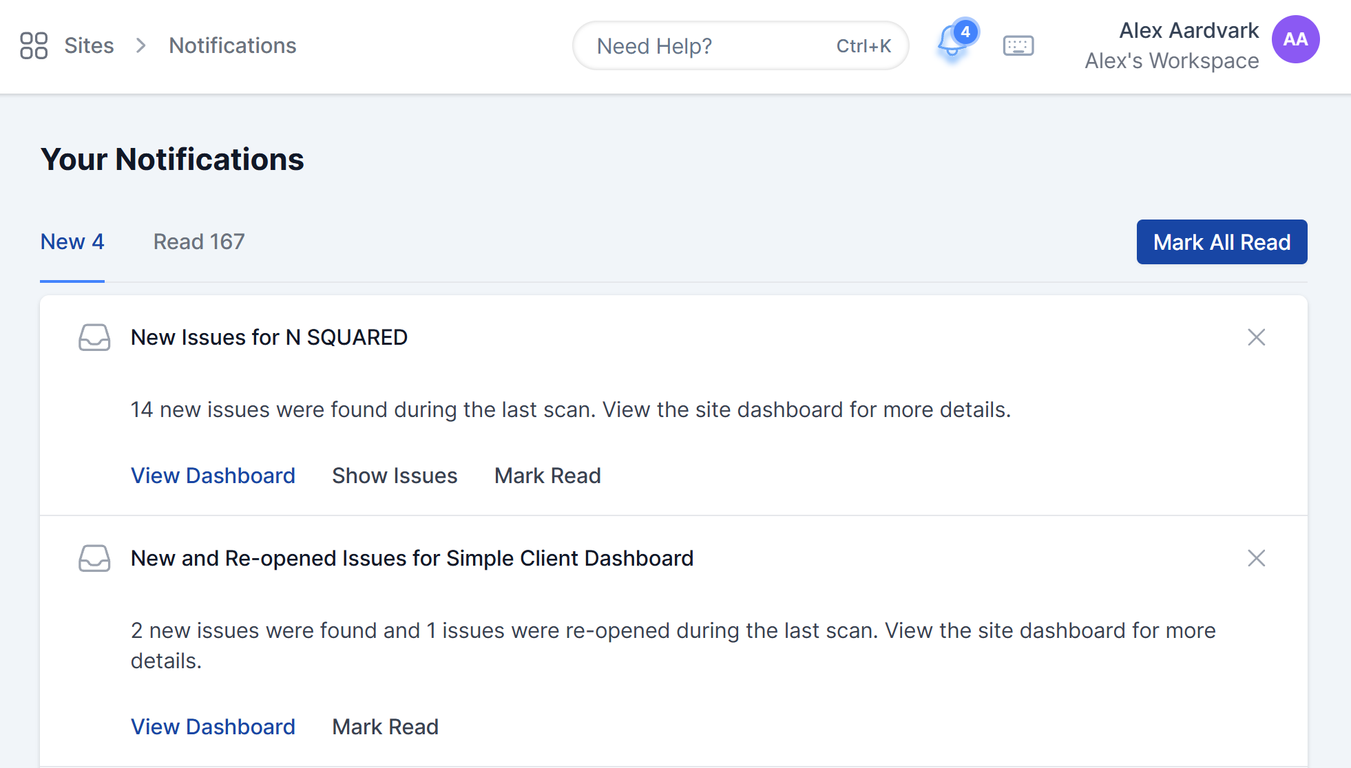 The Notifications page, with New and Read tabs, a Mark All Read button, and per-notification actions.
