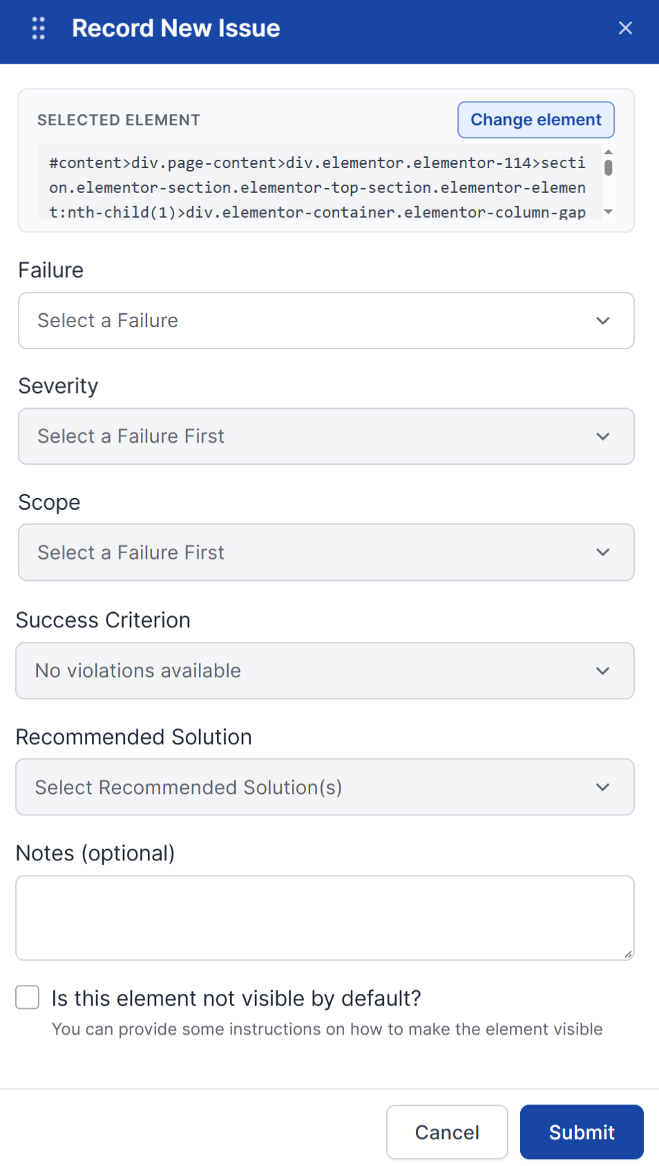 Record New Issue panel showing the Selected Element, Failure, Severity, Scope, Success Criterion, Recommended Solution, and Notes fields, with the 'Is this element not visible by default?' checkbox near the bottom.