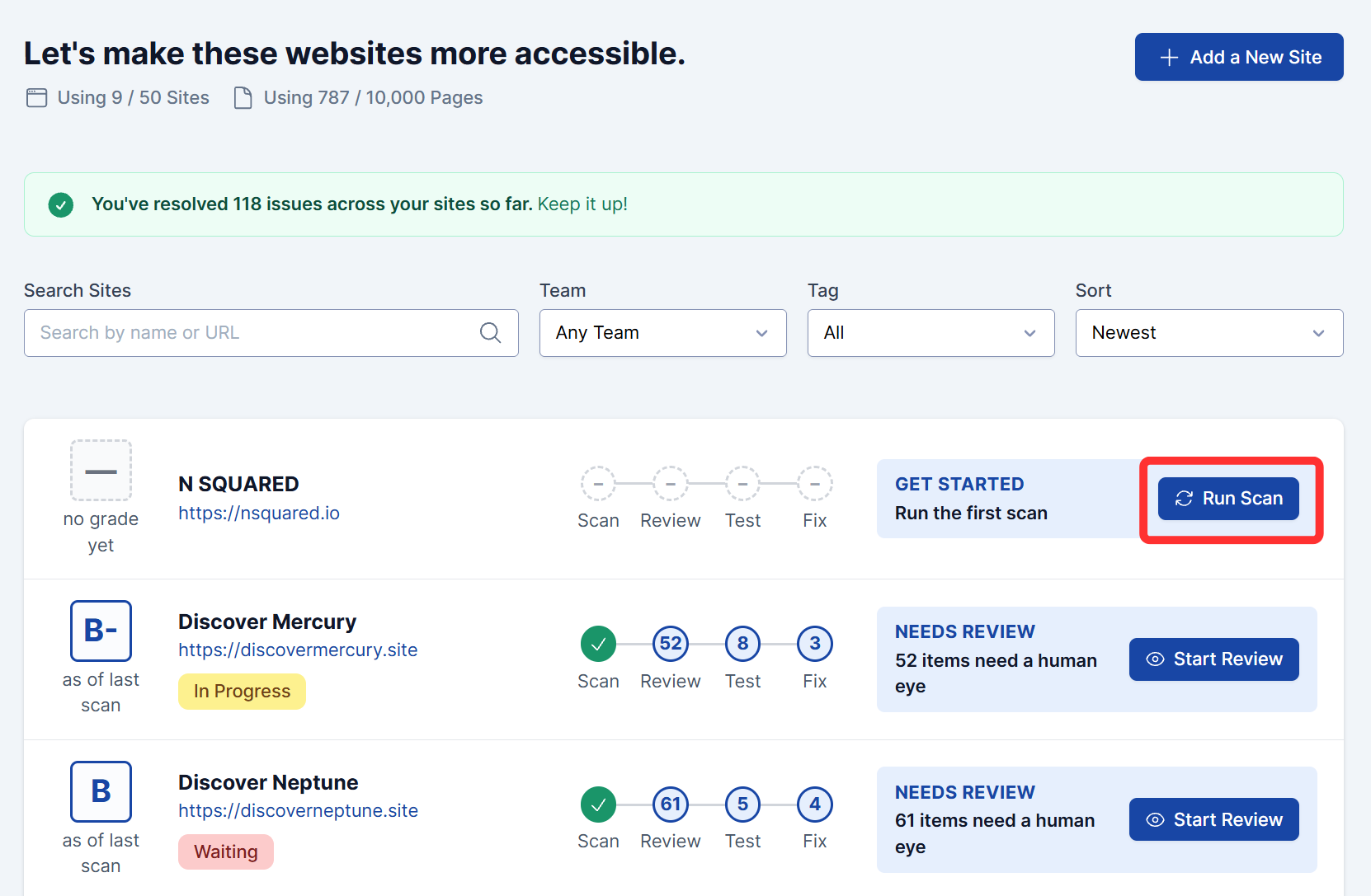 A site row with a Run Scan button in its next step box, ready to scan without leaving the list.