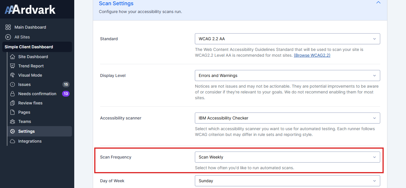 The screenshot displays how you can adjust the Scan frequency for site.
