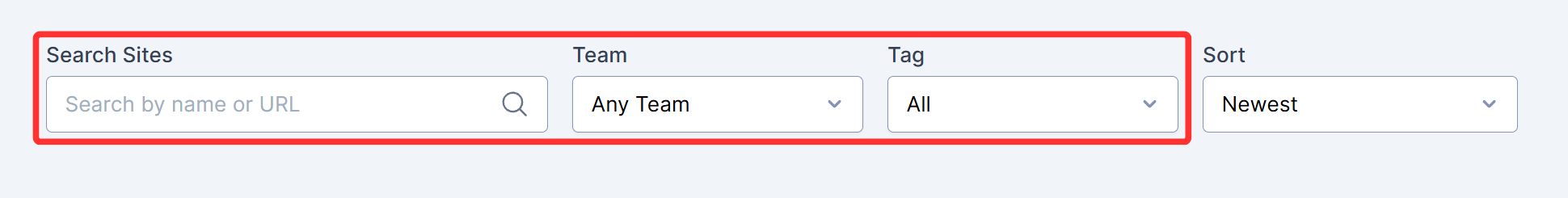 The Search, Team, and Tag controls above the site list.