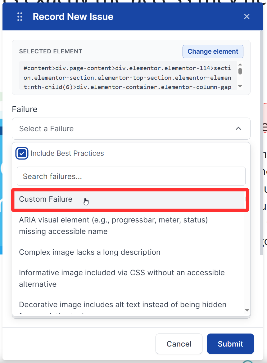The Failure dropdown in the Record New Issue panel is open with Custom Failure highlighted.