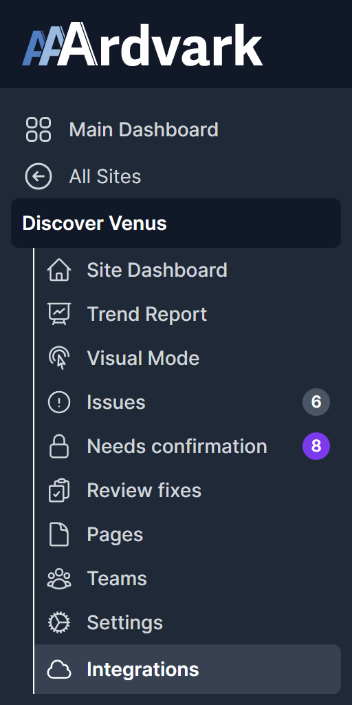 The site menu in the left sidebar, with Integrations selected at the bottom.