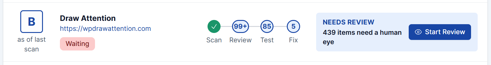A single site row: letter grade, site name with URL and tags, the Scan-Review-Test-Fix track, and the next-step box.