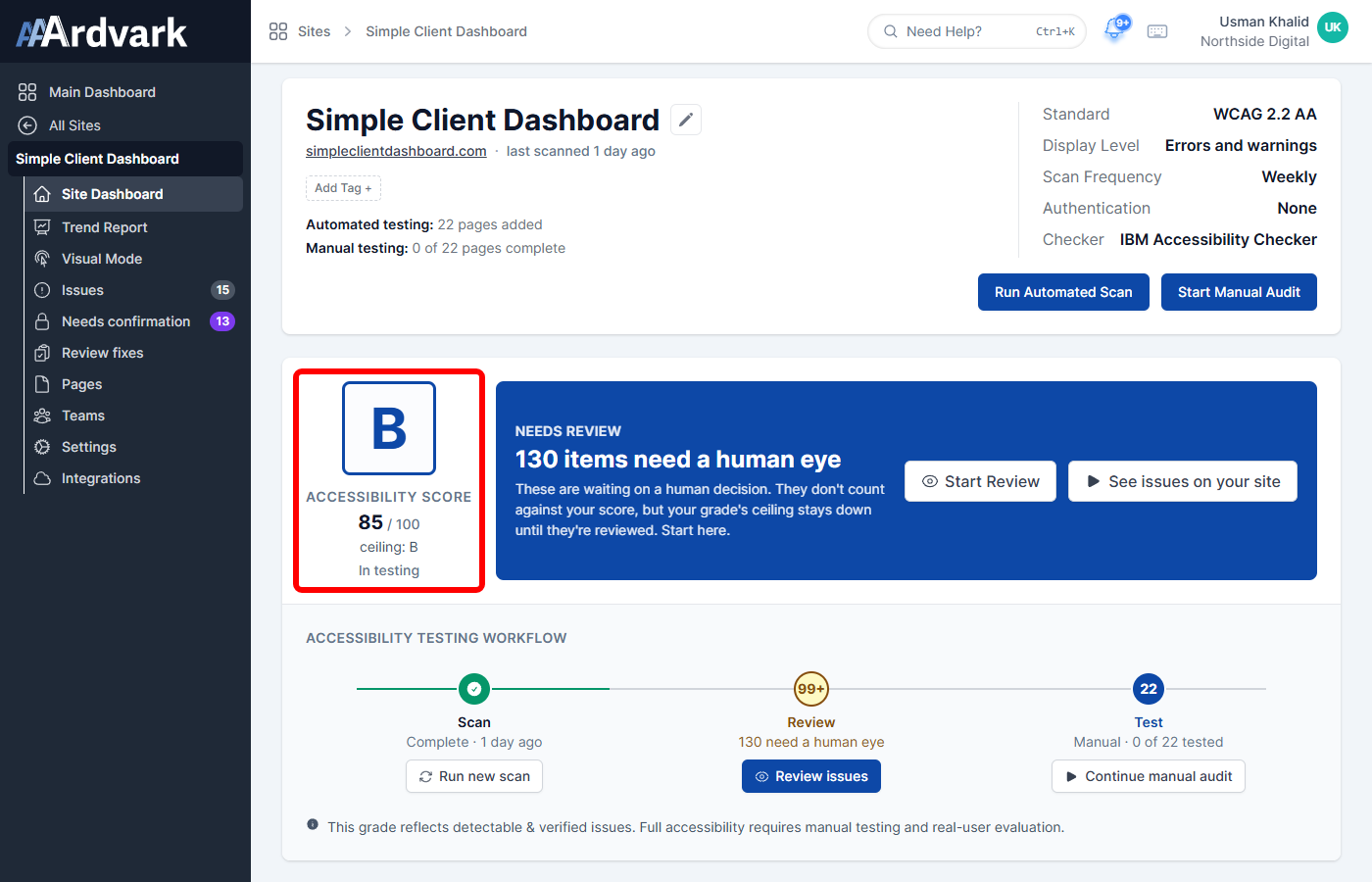 Site Dashboard showing the Accessibility Score and workflow status after a scan, with the score badge marked.
