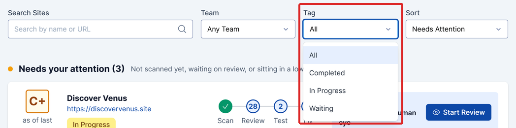 Main Dashboard filters with the Tag dropdown open, showing All, Completed, In Progress, and Waiting.