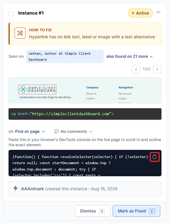The snippet code box with the copy icon in its top-right corner highlighted.