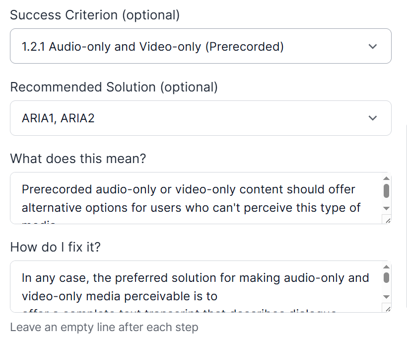 The screenshot displays the Custom Failure issue type selected with fields being auto-filled if you select a success criteria from the dropdown.