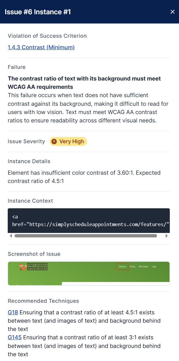 The Issue details panel for a WCAG issue, showing the violated Success Criterion 1.4.3 Contrast (Minimum), a plain-language description of the failure, and recommended techniques for fixing it.