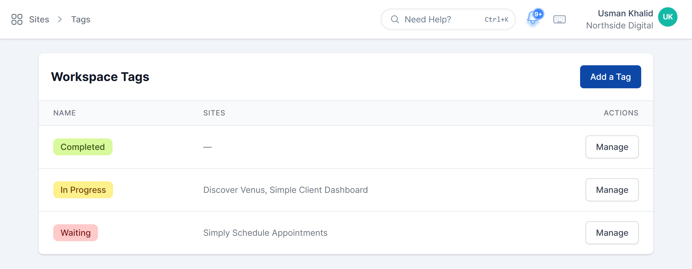 Workspace Tags page listing Completed (no sites), In Progress (Discover Venus, Simple Client Dashboard), and Waiting (Simply Schedule Appointments), each with a Manage button, plus an Add a Tag button.