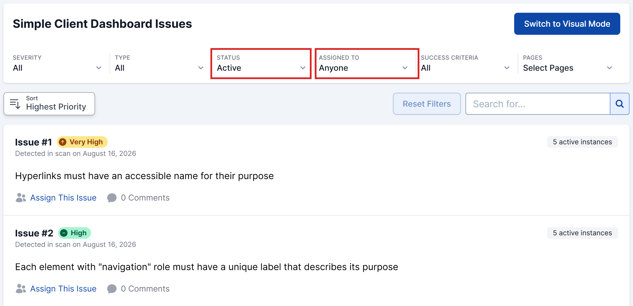 Issues list with the Status filter set to Active and the Assigned To filter highlighted, alongside the Severity, Type, Success Criteria, and Pages filters.