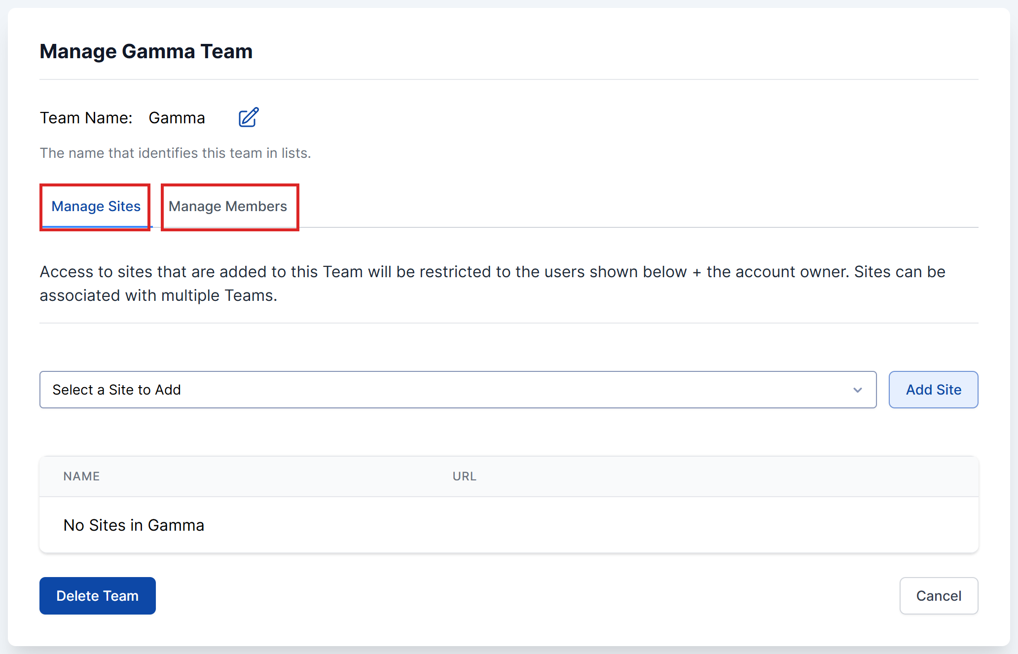 Manage Team page with the Manage Sites and Manage Members tabs highlighted.