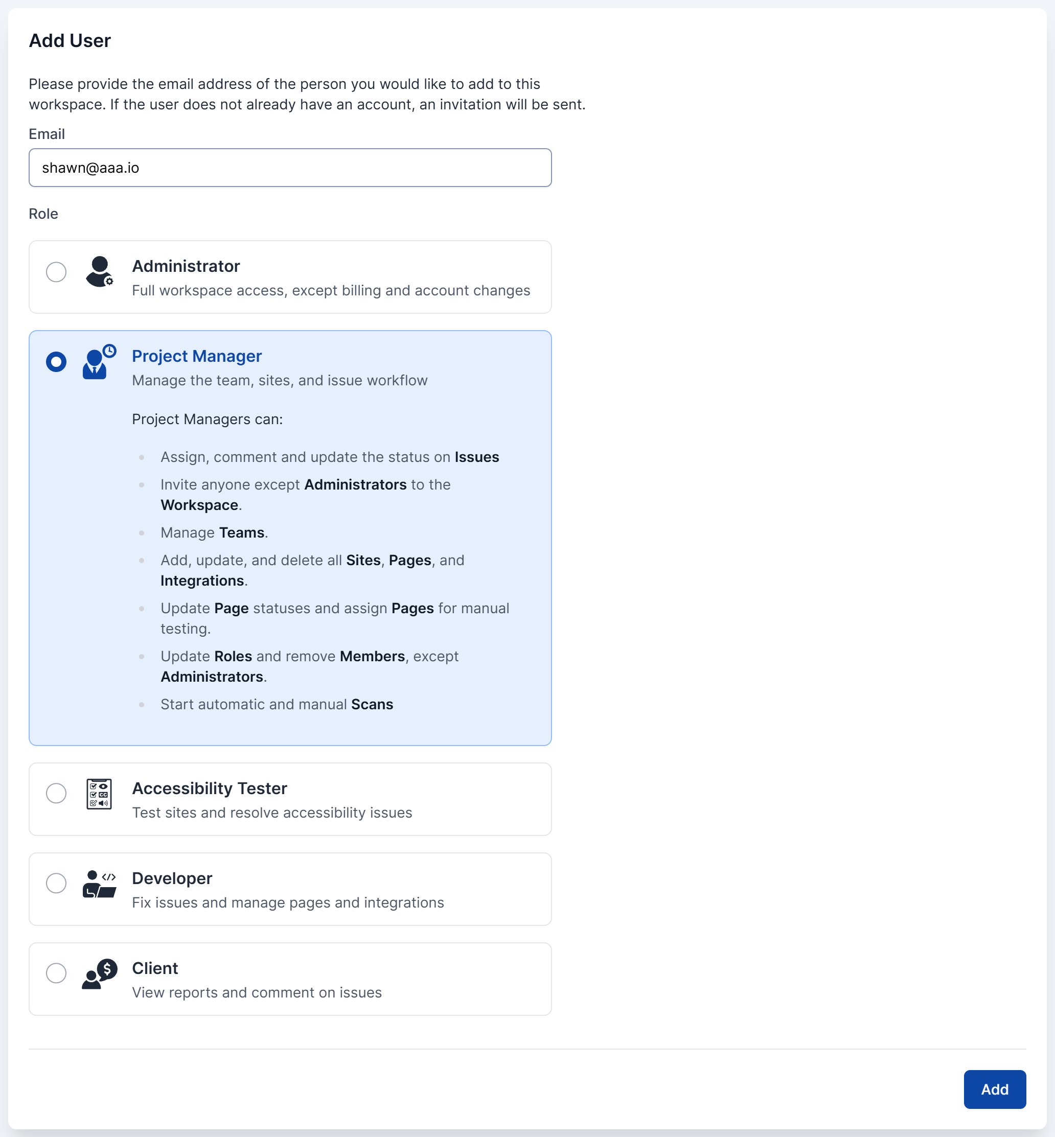 Add User form with an email address entered and the Project Manager role selected, showing a one-line summary under each role and the full list of Project Manager permissions.