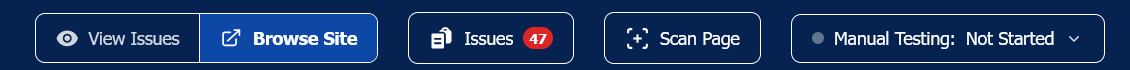 Visual Mode toolbar as seen by a Project Manager, with View Issues, Browse Site, Issues, Scan Page, and Manual Testing: Not Started.
