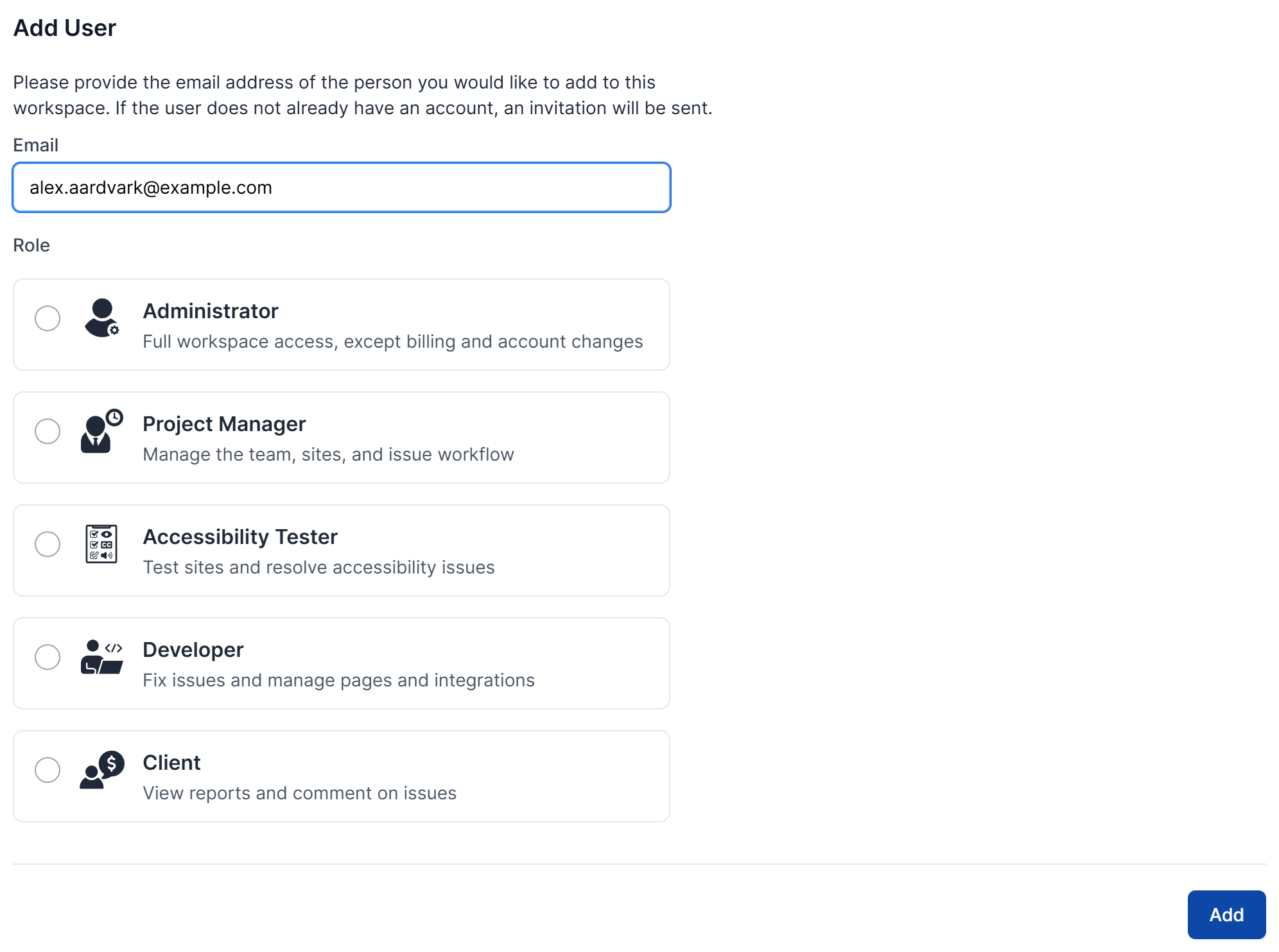 The Add User form with an email field and five roles, each with a short description: Administrator, Project Manager, Accessibility Tester, Developer, and Client.