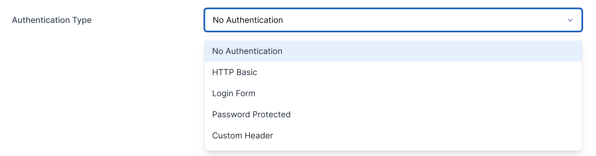 Authentication Type dropdown open, listing No Authentication, HTTP Basic, Login Form, Password Protected, and Custom Header.