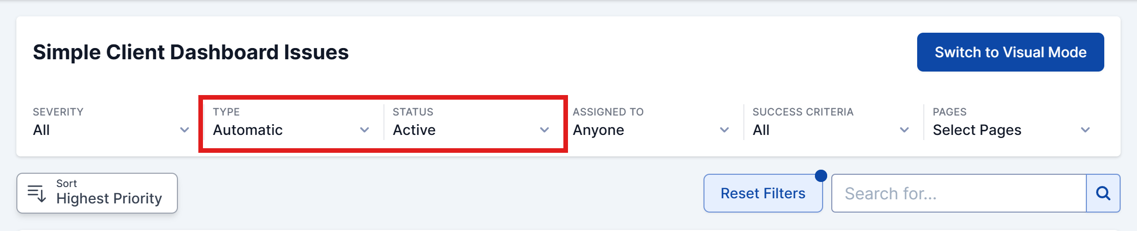 The filter bar on a site's Issues page, with the Type filter set to Automatic and the Status filter set to Active highlighted.