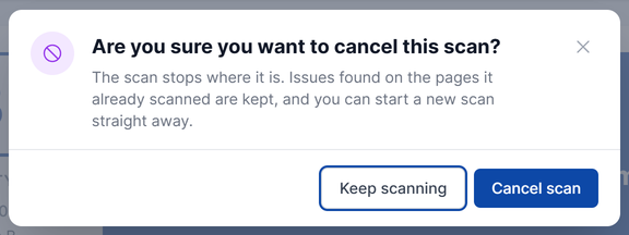 The cancel confirmation dialog with Keep scanning and Cancel scan buttons.