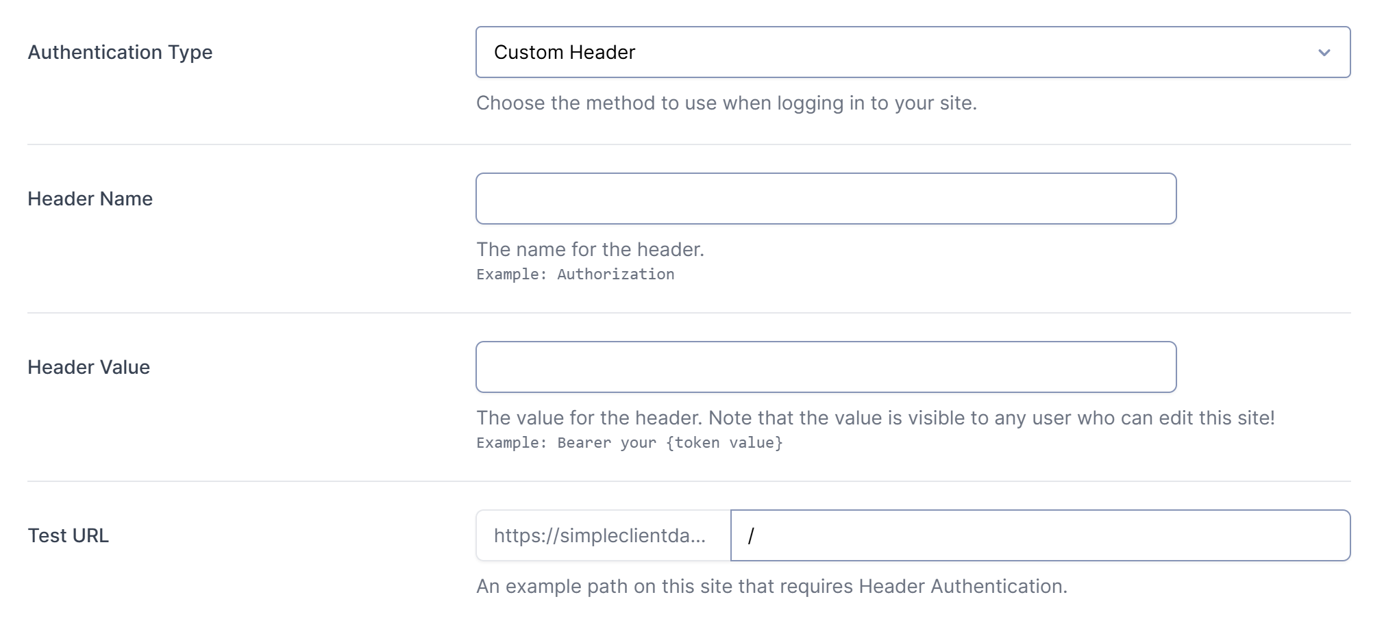 Custom Header form with Header Name, Header Value, and Test URL fields.