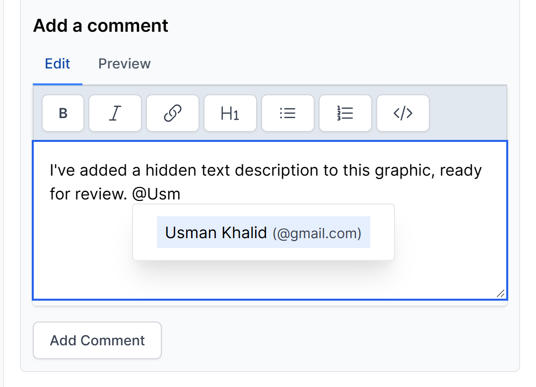 Add a comment box on an instance with a note and an @mention, showing a team member suggested in the dropdown.