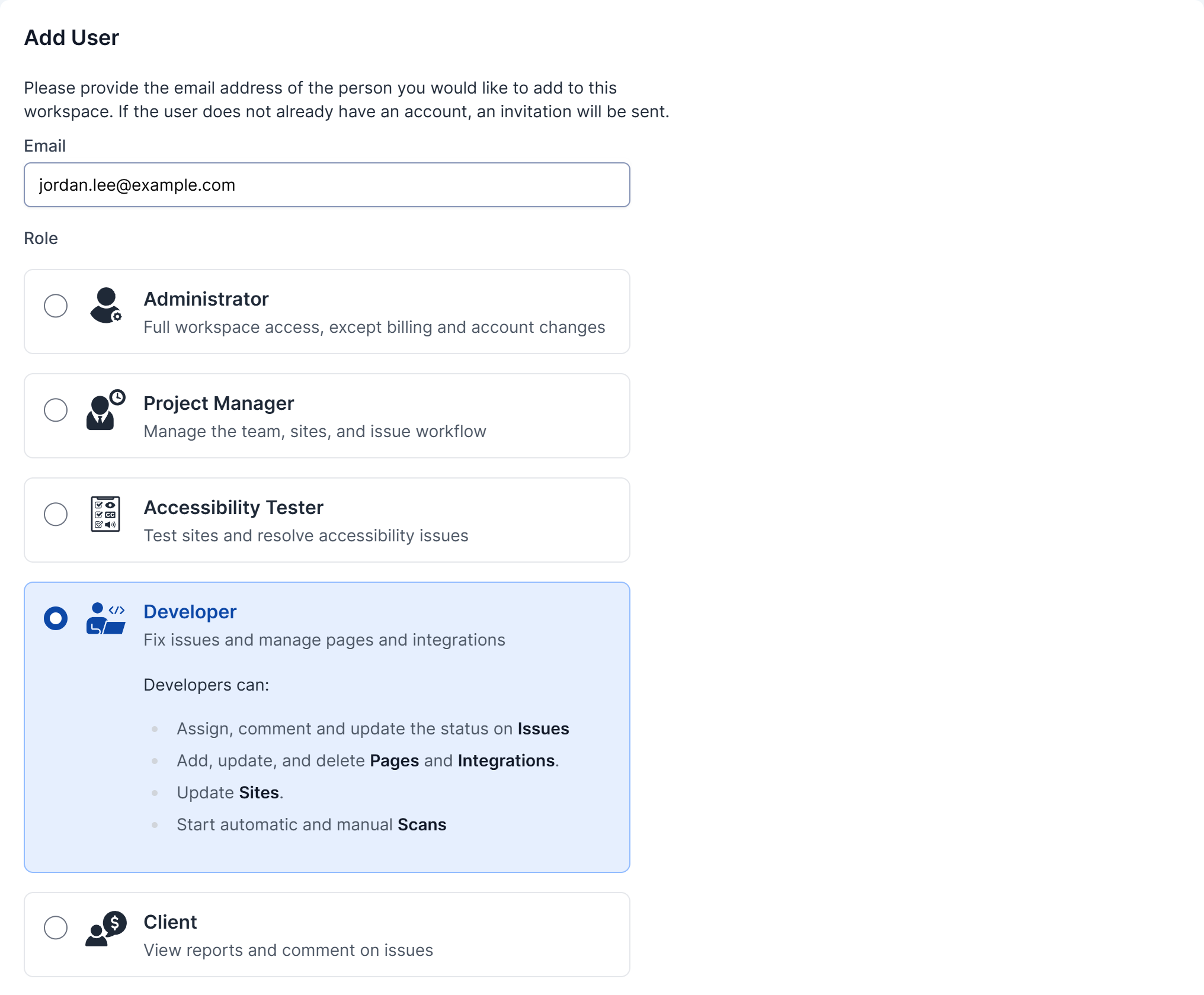 The Add User form with an email entered and the role picker showing Administrator, Project Manager, Accessibility Tester, Developer, and Client, each with a one-line summary, and the selected Developer role’s full permission list expanded.