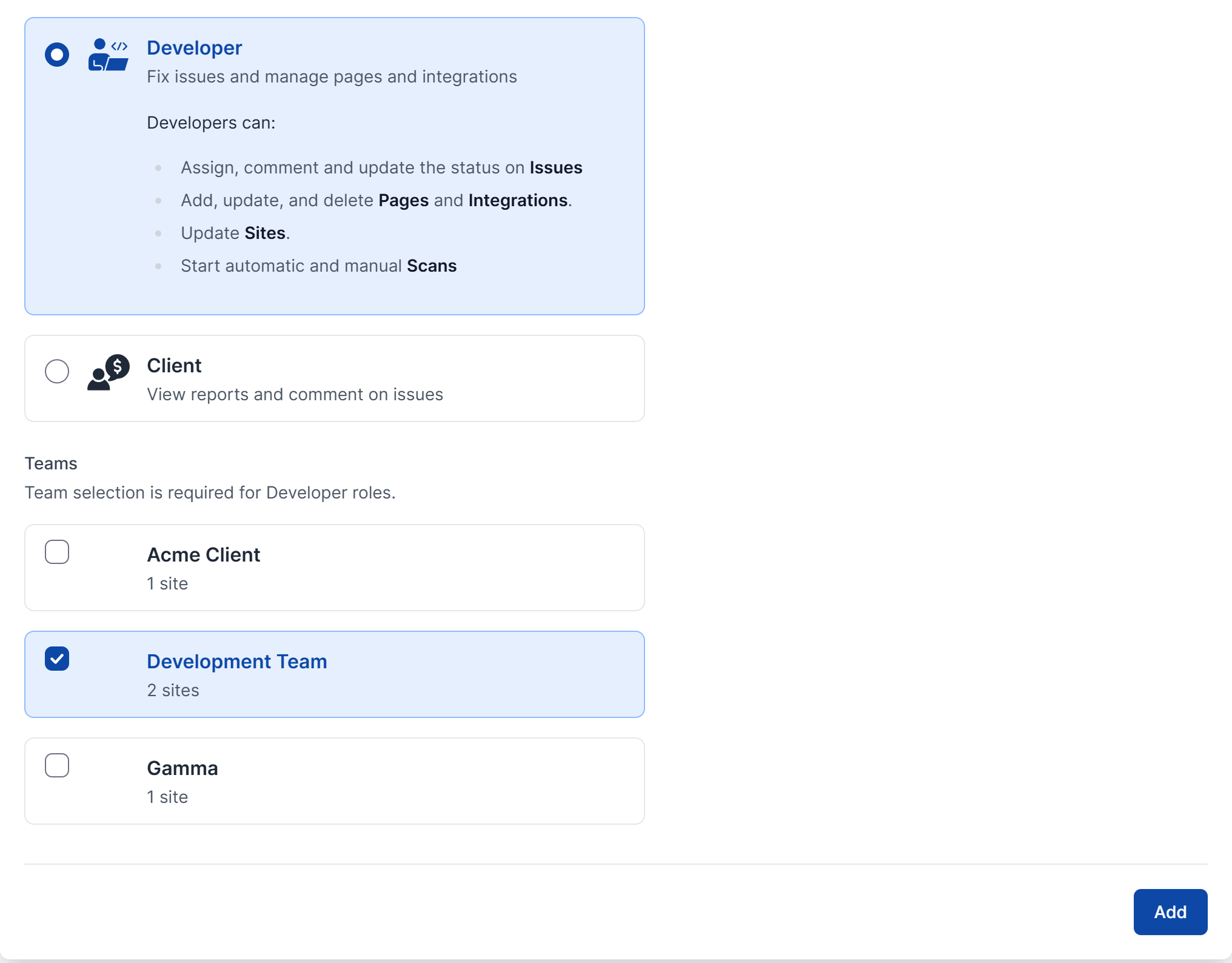 The Add User form with the Developer role selected, the note Team selection is required for Developer roles, and the Development Team checkbox ticked.