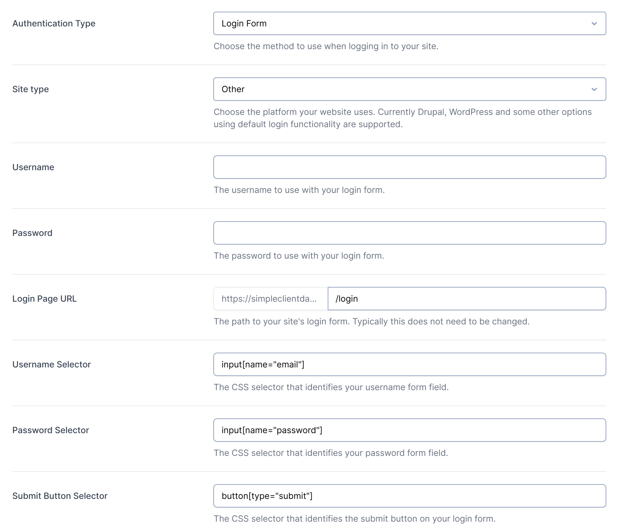Login Form with Site type set to Other, showing the Username, Password, Login Page URL, and selector fields.