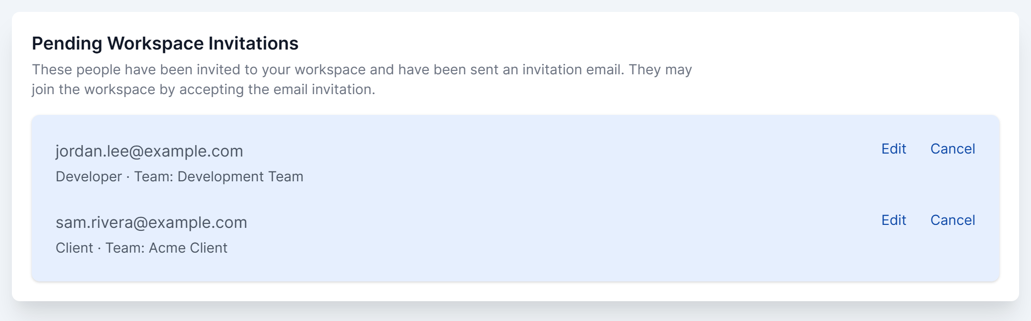 The Pending Workspace Invitations section with two invitations, one for a Developer on Development Team and one for a Client on Acme Client, each with Edit and Cancel links.
