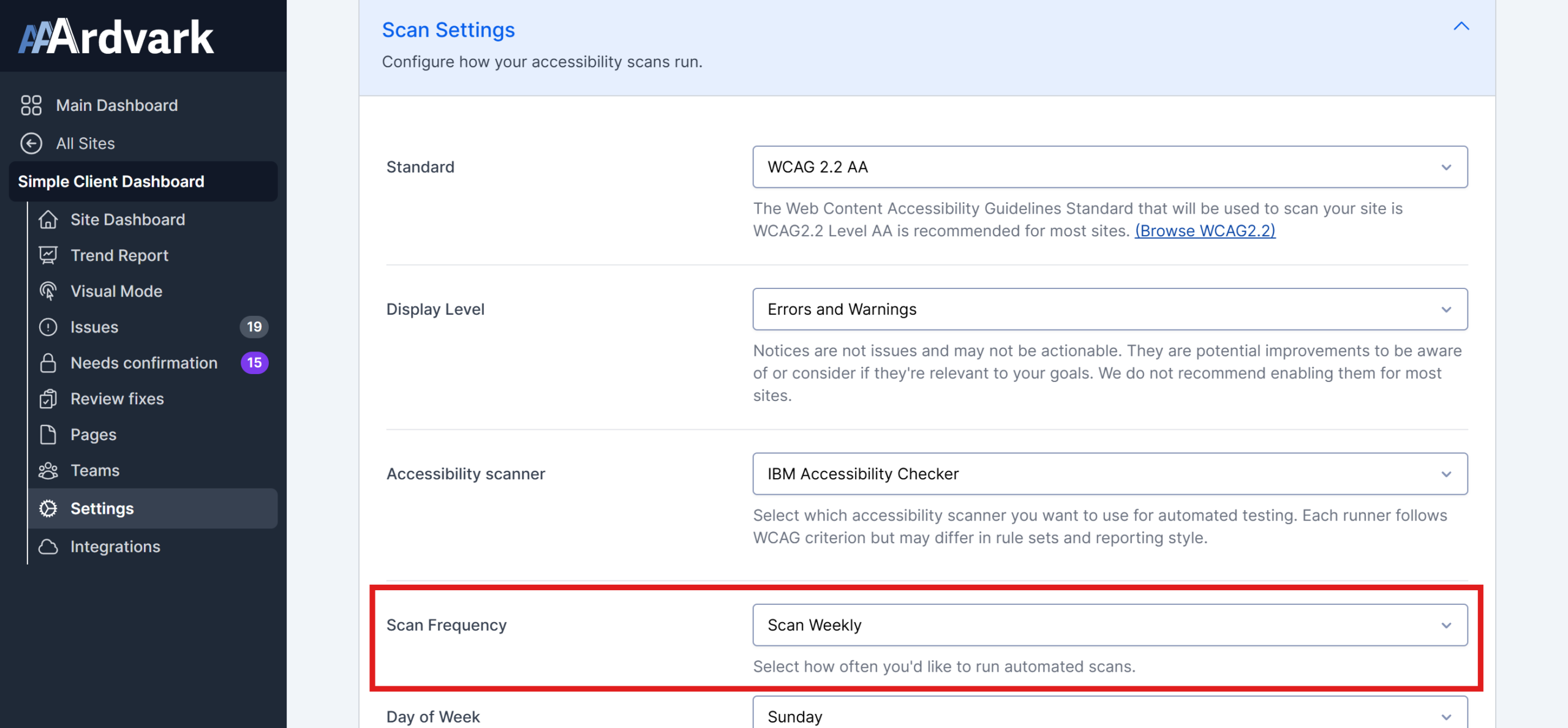The Scan Settings section of a site's Settings page, with the Scan Frequency option highlighted and set to Scan Weekly.